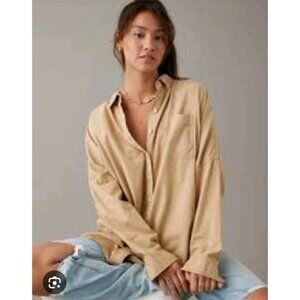 AEO Women Boho Oversized Grunge Gauze Casual Button Down Shirt Medium Dusty Rose